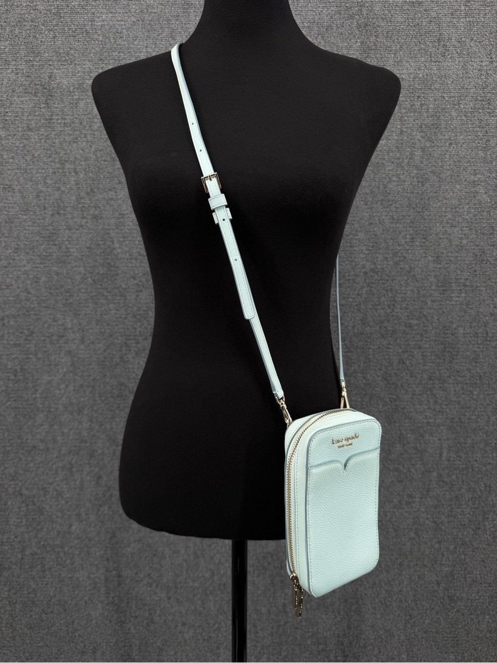 KATE SPADE Zeezee North South Phone Crossbody Light Blue Pebble Leather